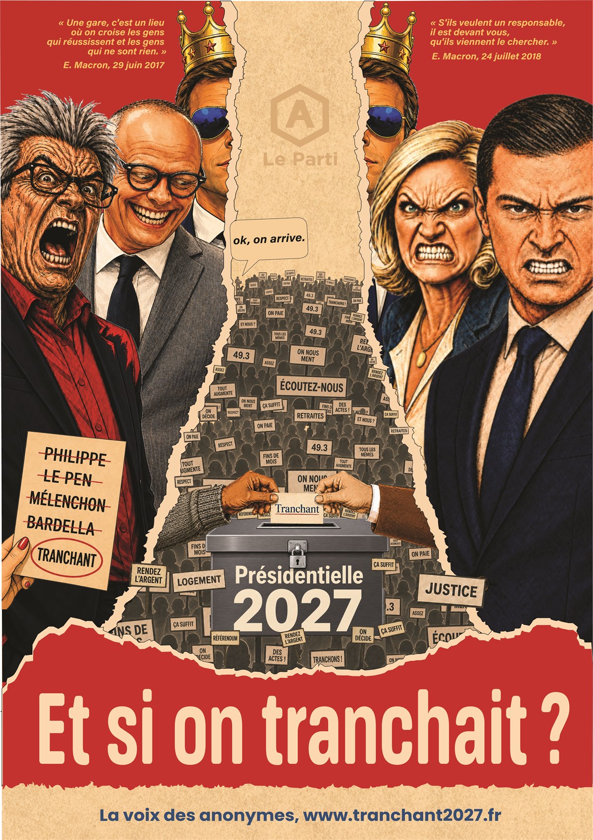 Affiche de campagne : l'affiche des clans politiques se déchire et révèle la foule des anonymes et l'urne de 2027, où deux mains venues des deux camps glissent ensemble un bulletin Tranchant